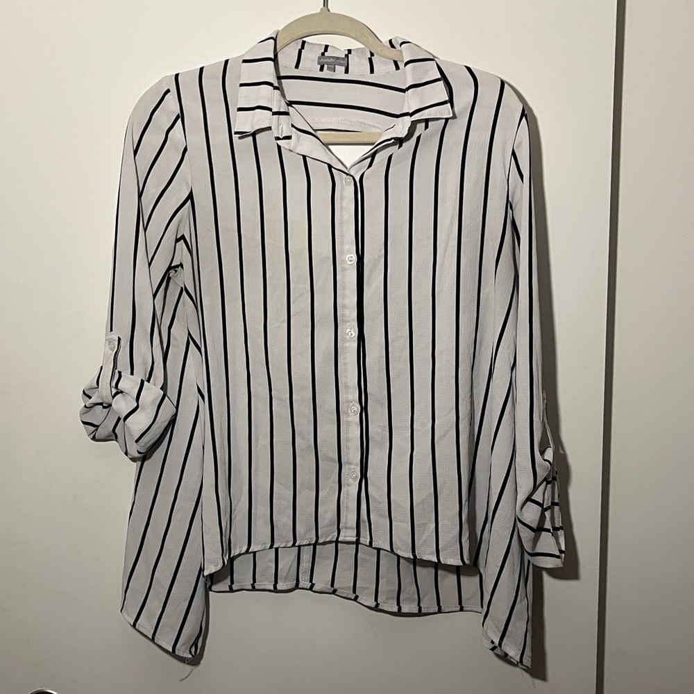 Black & White Striped High Low Top Button Down Collared Top with Back Cut Out